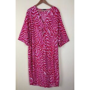 Zara Pink Abstract Print Midi‎ Dress Kimono Sleeve V Neck Women's Large